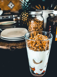 Close-up of ice cream in glass on table