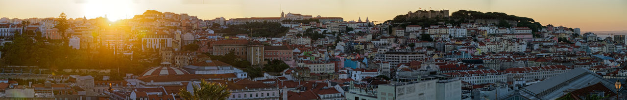 High angle view of cityscape against sky during sunset