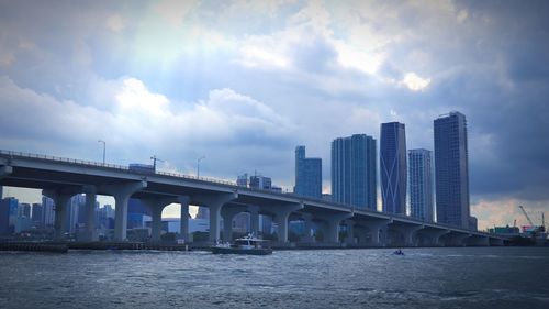 Bridge over river by buildings against sky in city