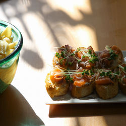 High angle view of food in plate on table