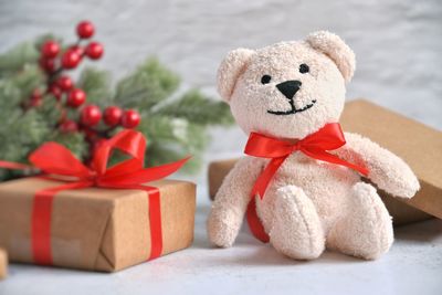 Close-up of teddy bear on table