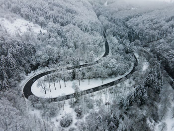 High angle view of snowcapped trees during winter