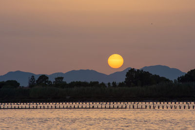 Scenic view of lake against mountains during sunset