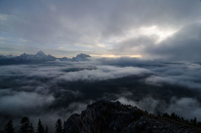 Scenic view of mountains against cloudy sky