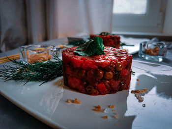 Close-up of dessert in plate on table