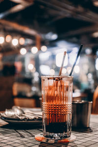 Close-up of beer glass on table in restaurant