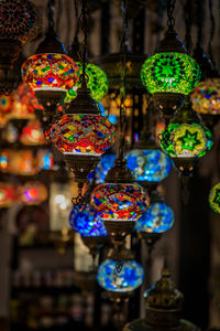 Close-up of illuminated lanterns