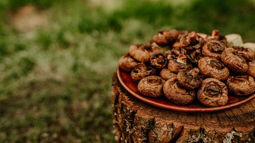 Close-up of roasted coffee beans on field