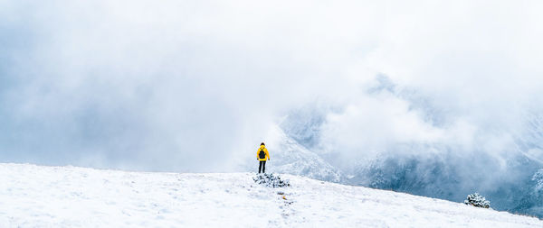 Back view of anonymous hiker with trekking poles walking on snowy ground in pyrenees mountains in andorra