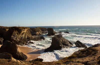 Scenic view of sea against clear sky