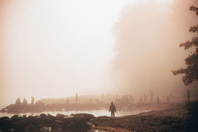 People standing on field by trees against sky