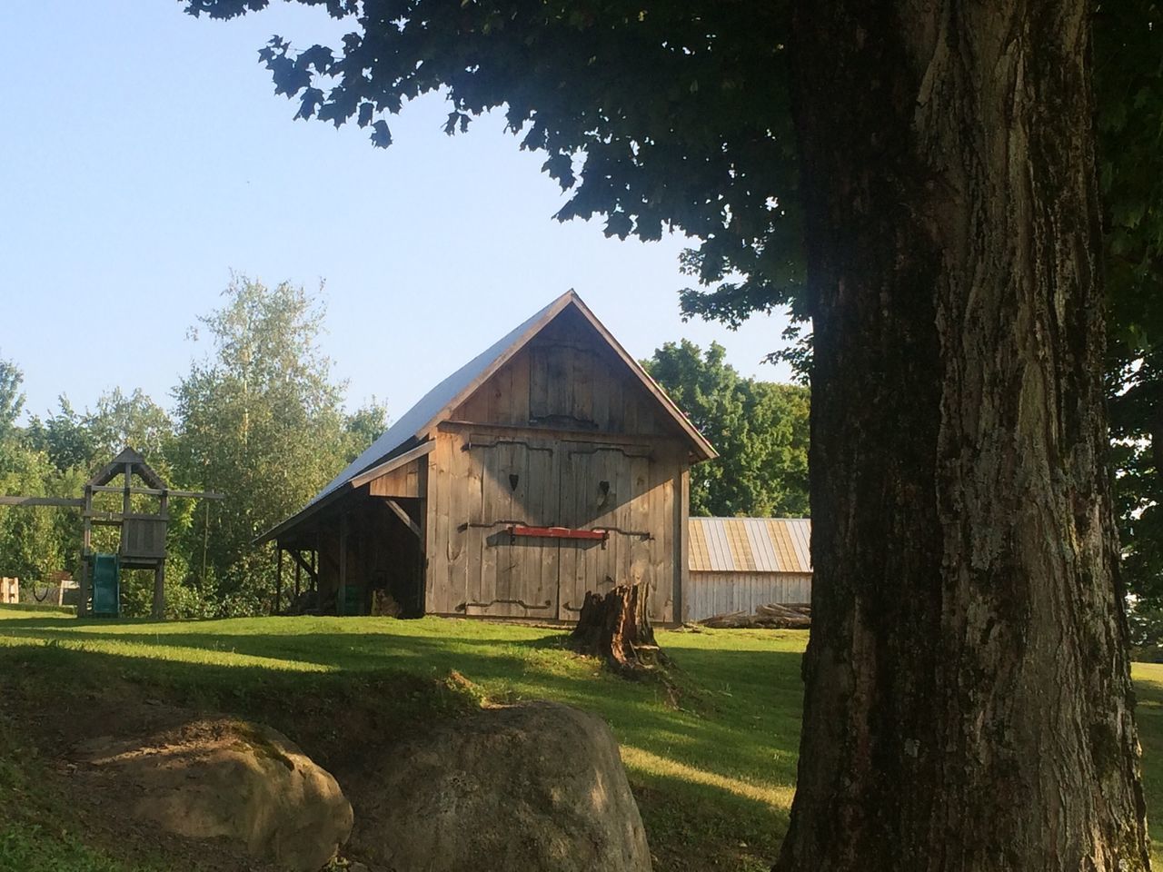 building exterior, built structure, architecture, grass, tree, house, field, grassy, sky, clear sky, green color, landscape, residential structure, nature, sunlight, barn, day, growth, outdoors, rural scene