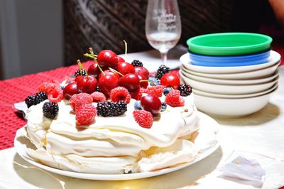 Close-up of strawberries in plate on table