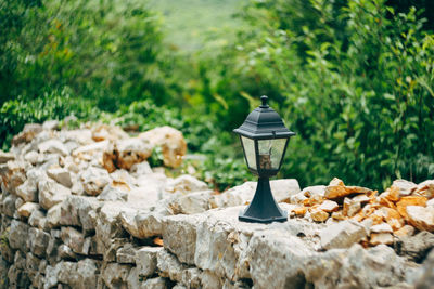 Close-up of electric lamp on rock