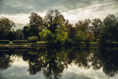 Reflection of trees in lake against sky