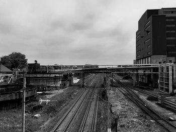 Railroad tracks amidst buildings in city against sky