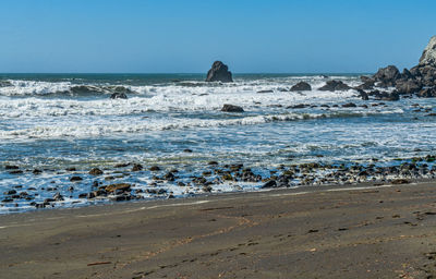 Scenic view of beach against clear sky