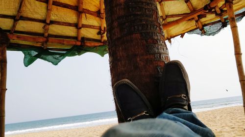 Low section of man standing on beach