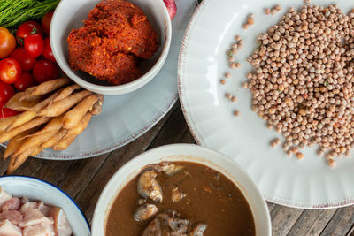 High angle view of food in bowl on table