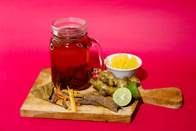 High angle view of drink in glass on table