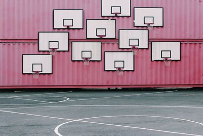 View of basketball hoop in city