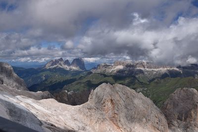 Scenic view of mountains against cloudy sky