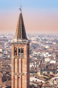 Aerial view of buildings in city during sunset