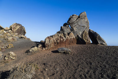 Rock formations against clear blue sky