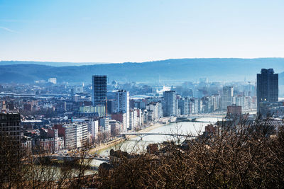 High angle view of cityscape against clear sky