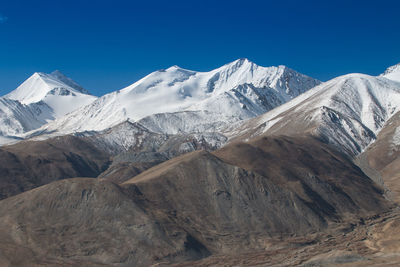 Scenic view of snowcapped mountains against clear blue sky