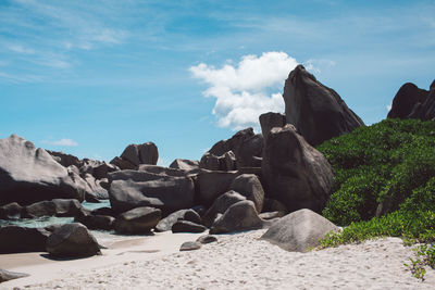 Rocks on beach against sky