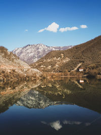 Scenic view of lake and mountains against sky