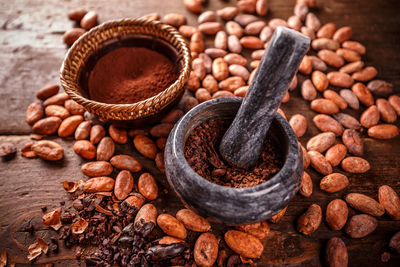 High angle view of spices in mortar