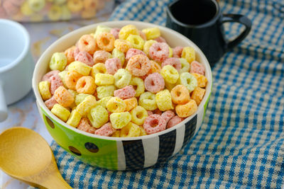 High angle view of breakfast on table