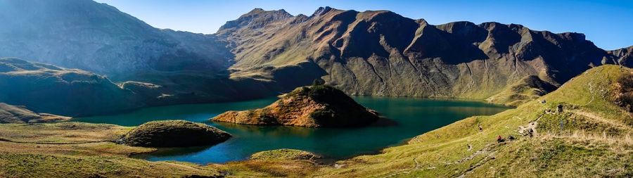 Panoramic view of lake and mountains against sky
