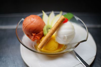 High angle view of dessert in plate on table