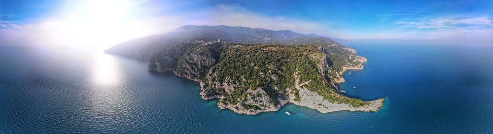 Panoramic view of sea and rocks against sky