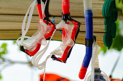 Close-up of clothes hanging on table