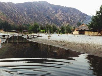 View of calm lake against mountain range