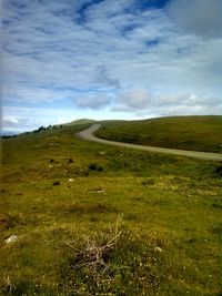 View of grassy landscape against cloudy sky