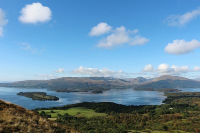 Scenic view of calm lake against cloudy sky