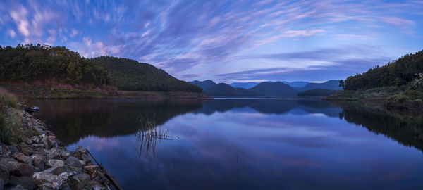 Scenic view of lake by trees against sky