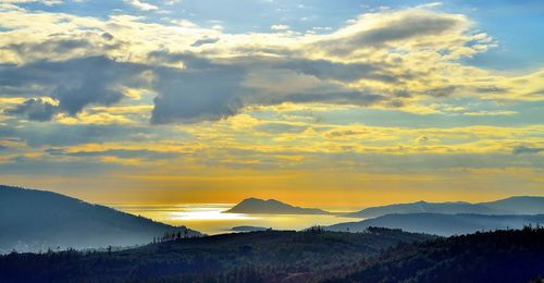 Scenic view of mountains against sky at sunset