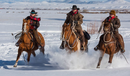 People riding horses on snowy land