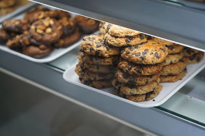 High angle view of cookies in plate on table