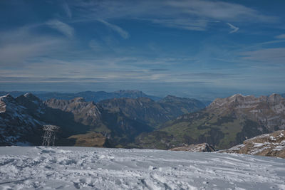 Scenic view of snow covered mountains against sky