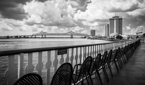 View of bridge over river against cloudy sky.
new orleans