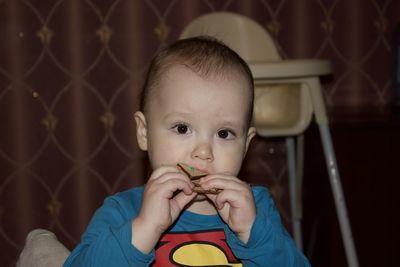 Portrait of baby biting toy at home