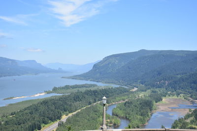 Scenic view of mountains and sea against sky