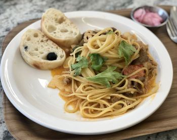 High angle view of noodles served in plate